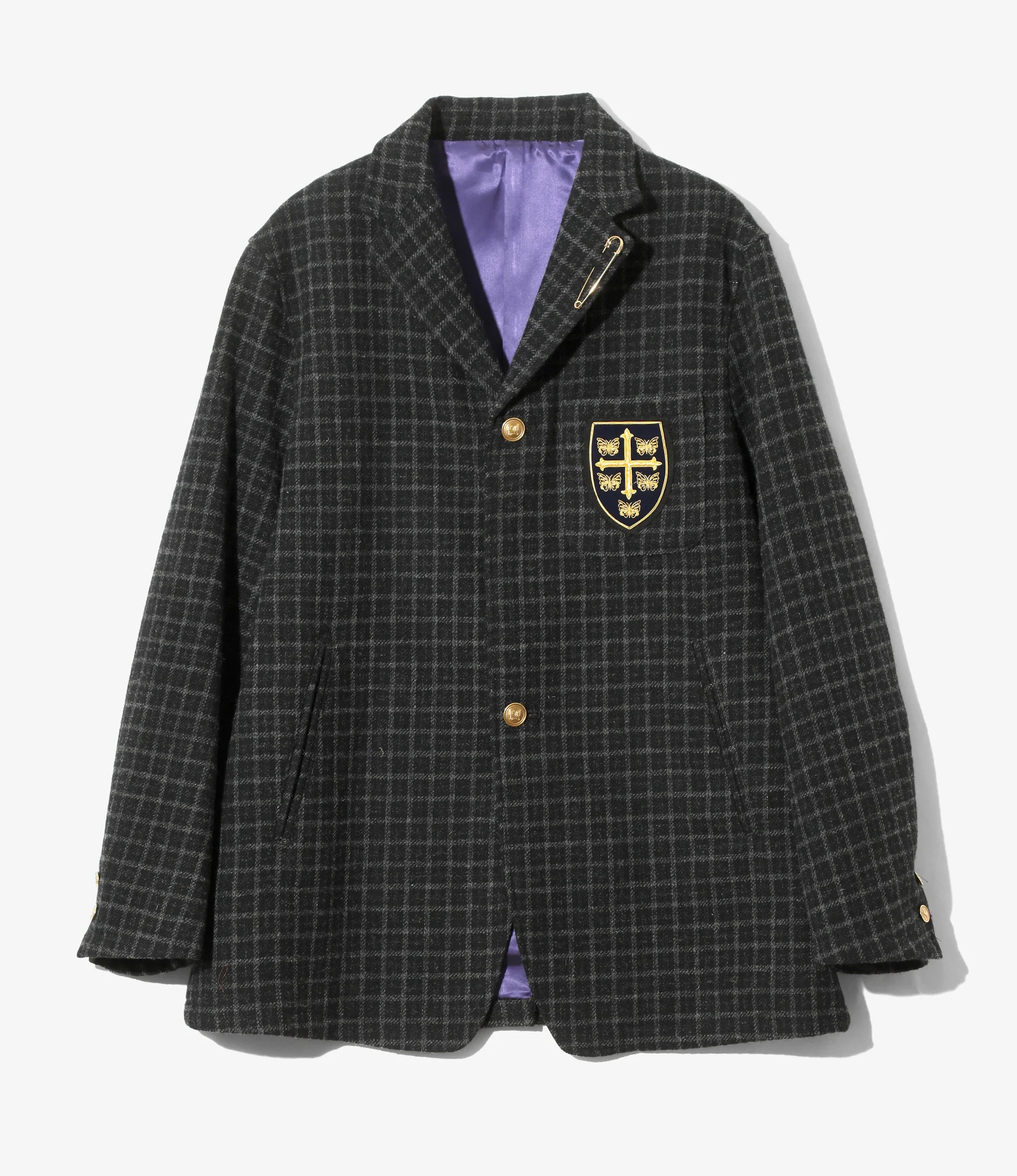 Women's Pin Lapel Blazer - Charcoal - Wool Tweed Plaid