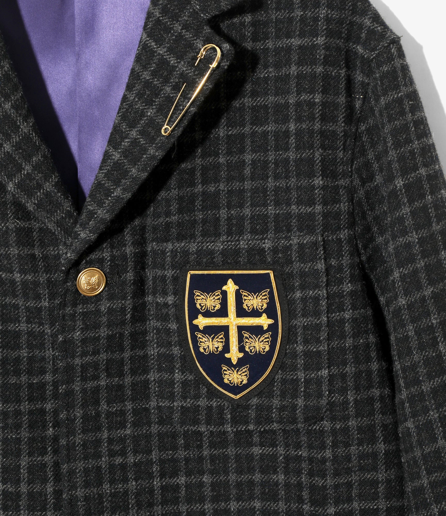 Women's Pin Lapel Blazer - Charcoal - Wool Tweed Plaid