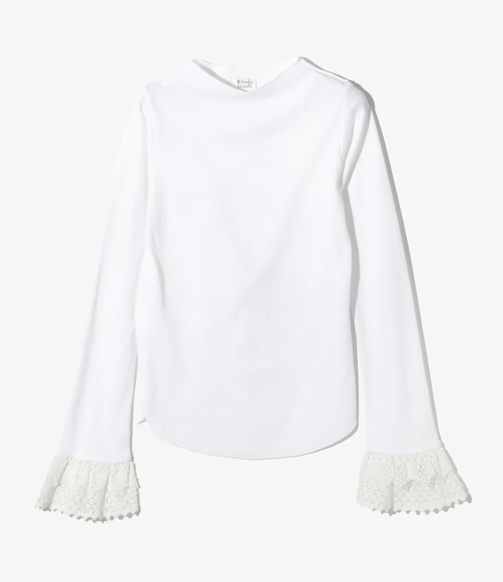 Ribbed Lace Cuff Pullover Tee - White