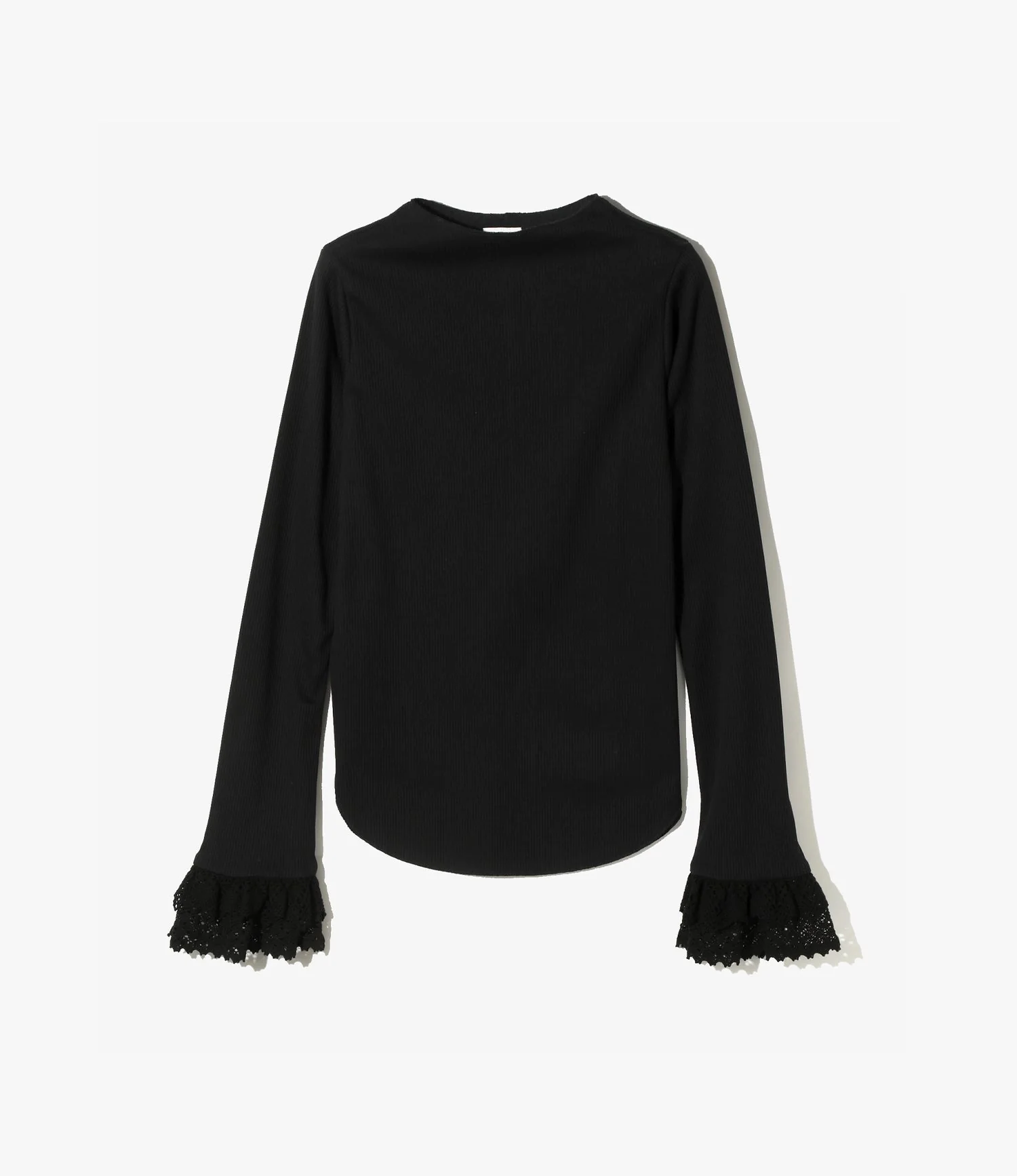 Ribbed Lace Cuff Pullover Tee - Black