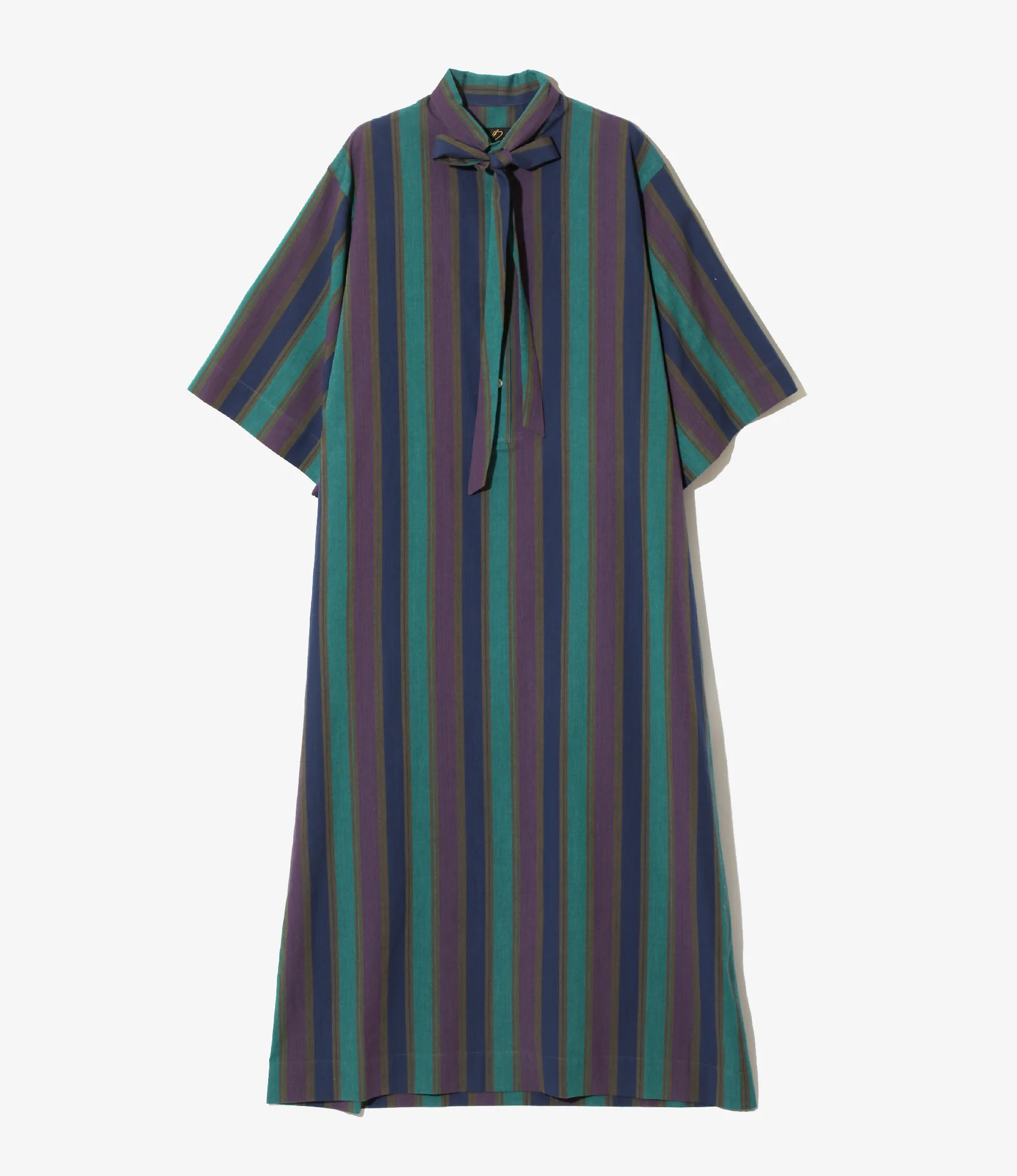 Ascot Collar Dress -  Green - Cotton Lawn Stripe