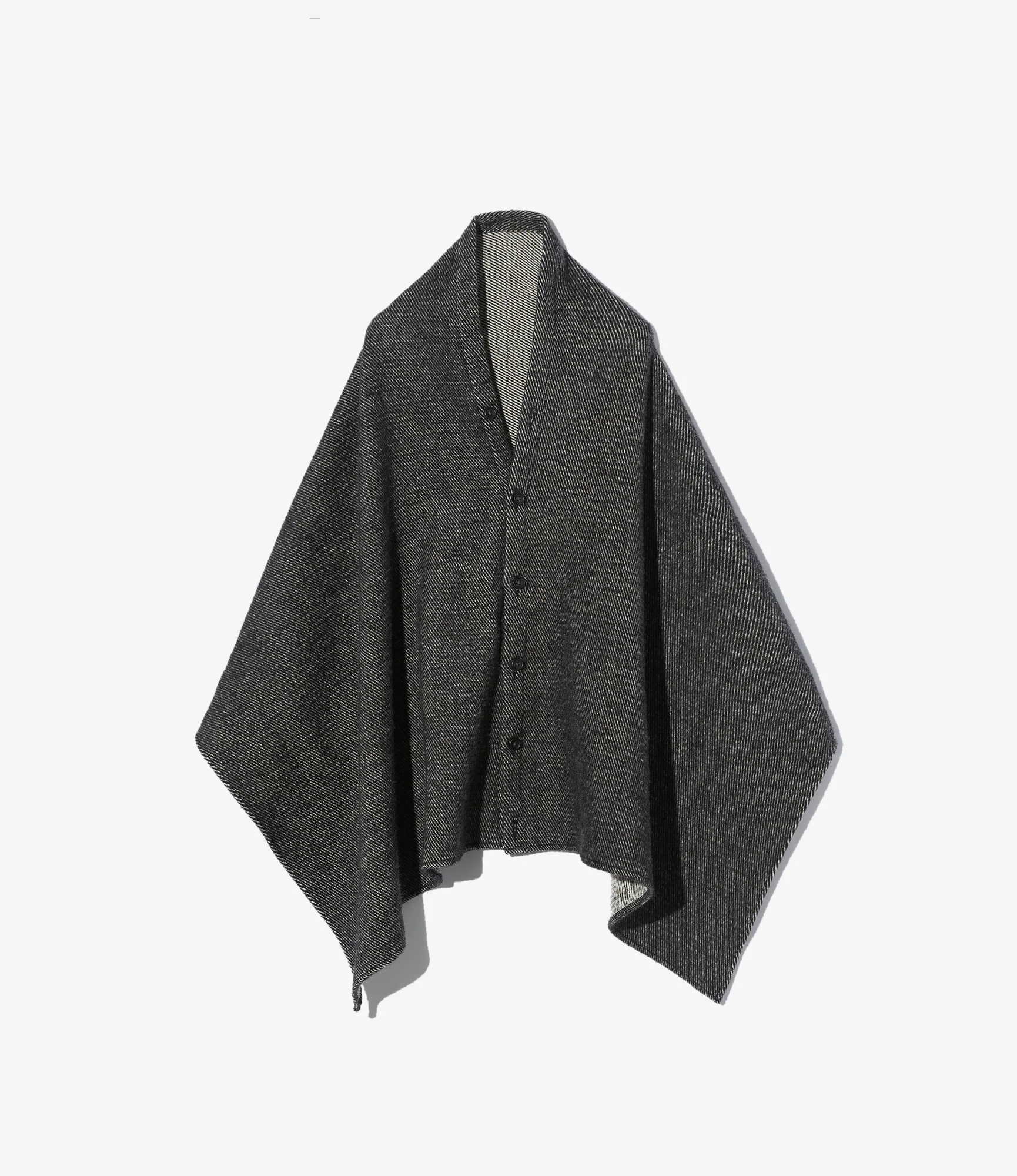 Button Shawl - Black Wool Shaggy Twill
